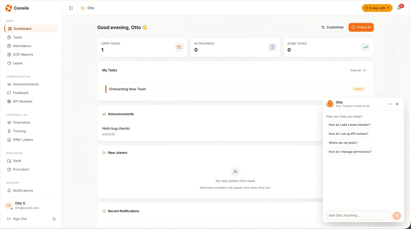 Consile workspace dashboard showing tasks, attendance, leave, and KPI reviews in one interface